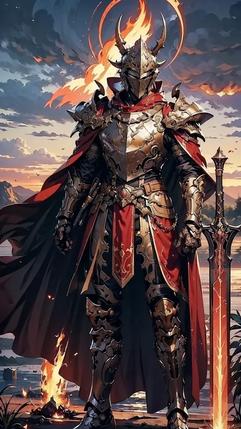 8K quality,(super masterpiece:1.3),Highest quality,Detailed Images,1 person,knight,pocket(Two cow horns,Red Tosaka),Gold and blue full armor,(Wear a red cloak,Red Cape),(He holds a flaming sword in his right hand.),(background:Burning image,sunset,幻想的なsuns...