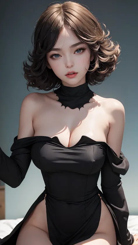 (masterpiece, Best quality), 1 girl, Beautiful face,   Tatsumaki, dress, Black dress,big breasts，split，Off-the-shoulder clothing