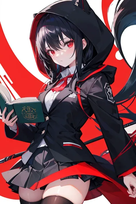 (One girl), Anime girl with scythe and hood , Black Hair Girl、((Literary girl wearing a blazer)),Girl holding a book, Red eyes