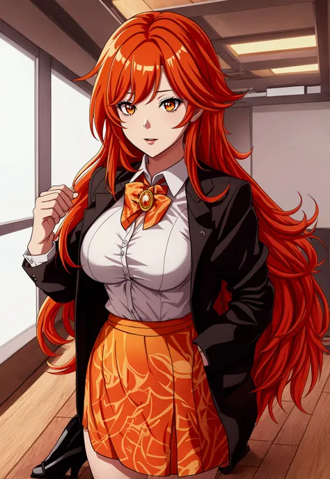 olbusiness attire，anime girl with long red and orange hair, 28 years old，long hair anime girl, she has long orange-yellow hair.,...