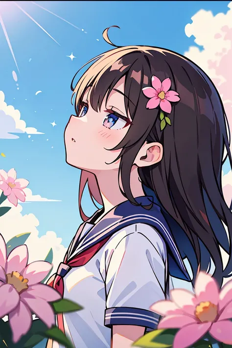 (masterpiece, best quality),1girl, solo, flower, long hair, outdoors, letterboxed, , day, sky, looking up, short sleeves, parted lips, shirt, cloud, black hair, sunlight, white shirt, serafuku, upper body, from side, pink flower, blurry, brown hair, blue s...