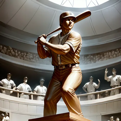 bronze statue of babe ruth, baseball player, (batter's posture, carry a bat:1.2), baseball uniform, loose fitting, baseball cap,...