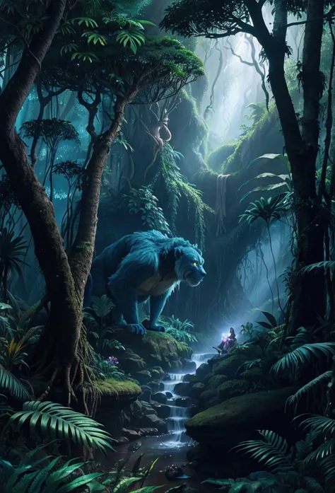 There is a tree in the middle of the dark forest, enchanted magical The Jungle Book, Magical environment, Fantasy magic vegetation, Elf forest background, magical The Jungle Book, Background artwork, The Jungle Book, Enchanted Forest背景, Enchanted Forest, B...