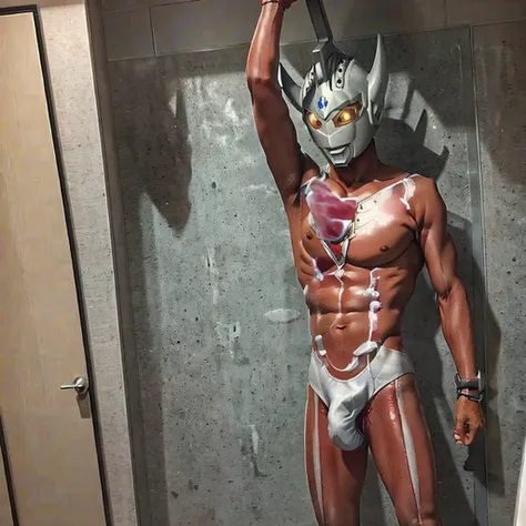 1man,solo,4k,8k,ultraman taro pin up,photo realistic,gay,bara,nude,naked body,slim body,human skin color,hairy body,slim body,head only ultramantaro with naked human body,small penis,shower room