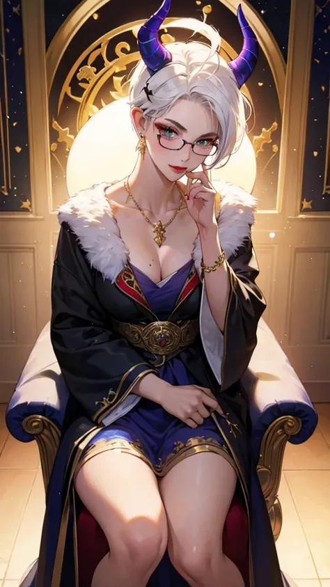 8k, masterpiece, best quality, highly detailed, 1 girl, tiefling, warlock, multicolored hair, very short straight hair green highlight hair on white hair, strippled hair, wearing glasses, round glasses, earrings, red eyeshadow, long eyelashes, blushed chee...