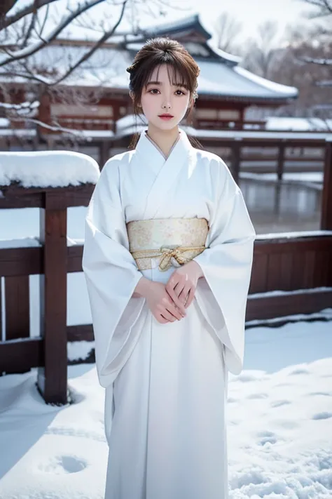 best quality, 8k, very delicate and beautiful, highly detailed face and skin texture, shiny skin, high resolution, cute japanese girl in white kimono stand on snow, sharp focus