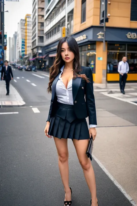 a 17 year old girl, she is the most beautiful actress in the world, the perfect body proportions of this girl in the formal outfit, the perfect shape of her large breasts which is wearing the formal shirt and the blazer, her crotch area of the panties betw...