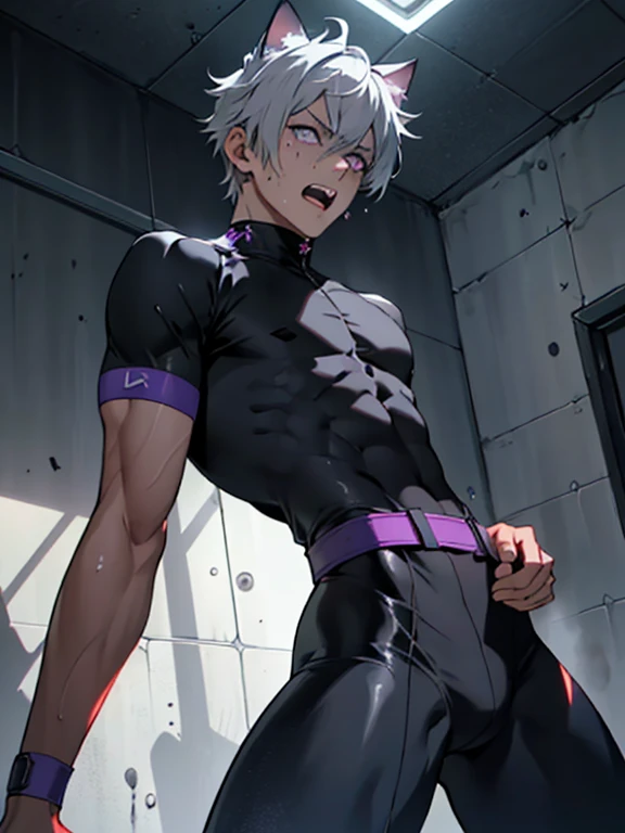 ((Fine details)), Best Shadow,Cinema Lighting,Highest quality,((Very detailed))　masterpiece　the body is slim　Embarrassing　Gray Hair　Torn tights　Electricity began　get wet　Big eyes　thin　The suit was torn　Upper body naked　sweating　Delicate body　Pitch black ti...