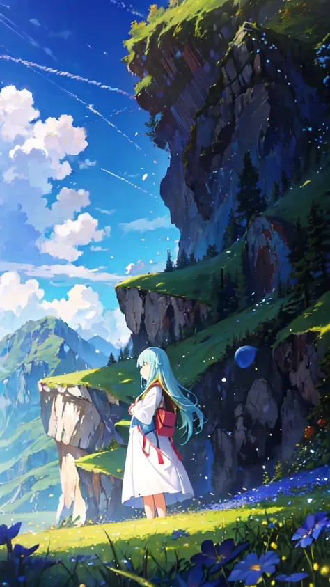 "Illustrate a serene, peaceful nature scene in summer with vivid, beautiful colors in photorealistic 8K quality. Show an 18-year-old girl and a serene anime girl standing on a lush mountain, reaching towards the endless blue sky. Below them, green meadows ...