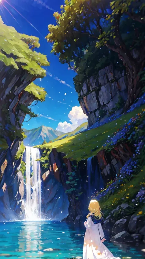 "Illustrate a serene, peaceful nature scene in summer with vivid, beautiful colors in photorealistic 8K quality. Show an 18-year-old girl and a serene anime girl standing on a lush mountain, reaching towards the endless blue sky. Below them, green meadows ...