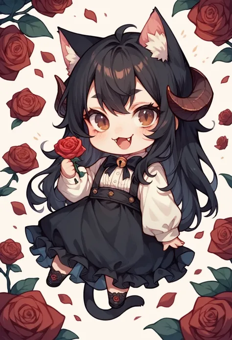 Chibi, beautiful woman, long wavy black hair, brown eyes, cat ears and tail, fangs, horns, with a red Rose in one Hand, 