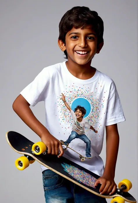 a close up of a happy 9 year old indian kid on a skateboard with white t shirt, confetti sprinkles, skateboard, skateboarder style, dynamic pose, high quality, detailed, sharp focus, studio lighting,professional, profile pic, standing on a skateboard, play...