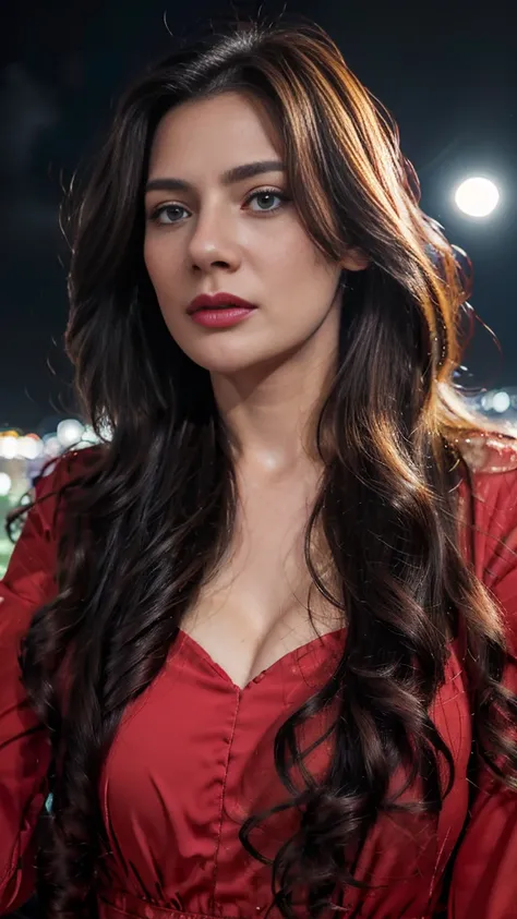 masterpiece, best quality,, sexy women, (colorful),(finely detailed beautiful eyes and detailed face),cinematic lighting,bust shot,extremely detailed CG unity 8k wallpaper,wavy hair,solo,angry face,red dress,((flying petal)), sky, cloudy_sky, building, moo...