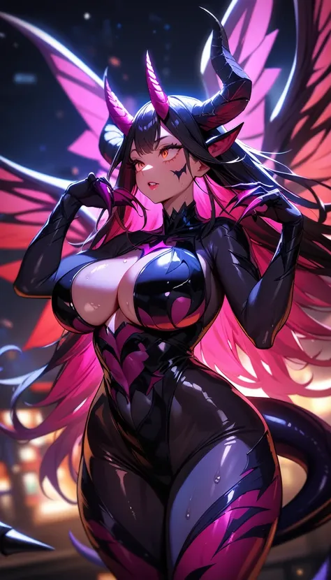 1girl,solo,super detailed skin,shiny skin,wet oily skin, natural face,majestic wings,majestic devil tail,demon skin, detailed eyes,eyelashes,lips gloss,double tooth,small claws,majestic horns ,large breasts,beautifully shaped breasts, demon body hair ,vibr...