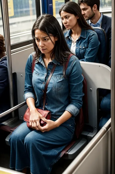 
1. **Image 1**: "A woman sitting on a crowded bus, looking increasingly uncomfortable and anxious as she desperately needs to find a bathroom."
2. **Image 2**: "The desperate woman starts to panic, clutching her bladder and looking around frantically, whi...