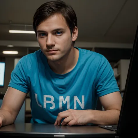 The programmer sits at the table, his face and look directed to the camera, short haircut, bright blue eyes, intelligent thoughtful face. on the table in front of the programmer is a laptop. The background is blurred. Highly detailed portrait