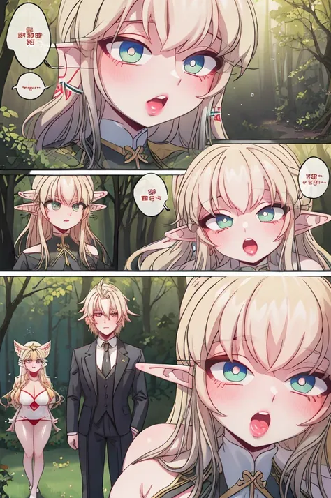 in the woods. sexy position. standing. blonde hair. long hair. green elves clothes. white panty. full body. potrait. ahegao. hea...