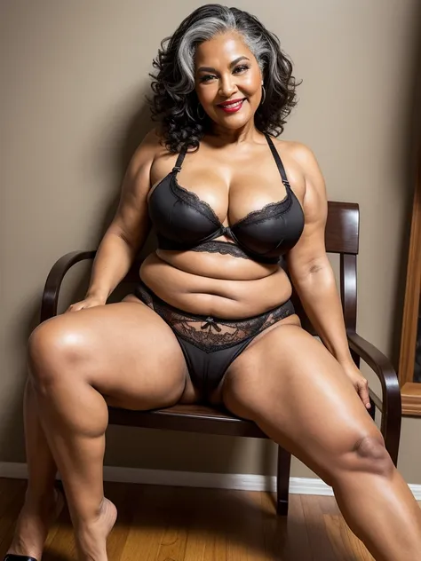 day, bright lights, plus size fat old grandma Sixty years old, red lips, mulatian granny, shes half afroamerican, black skin, taned skin, long curly grey hair, perfect hair,, she smiling, posing in front of the wall, sitting on the chair and spread her leg...