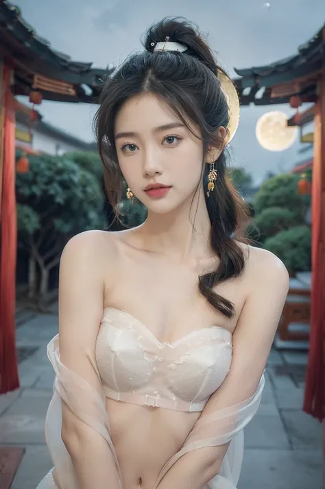 (((best quality))),(((ultra detailed))),(((masterpiece))),illustration,((1 beautiful girl,solo)),(short ponytail:1.2),((bright eyes,gentle smile)),((slim,thin)),((small breasts,flat chest)),(strapless white see through sheer bra:1.3),flowing fabric,serene ...