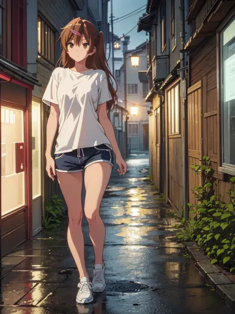 girl, short tight shorts,t-shirt, bare breasts, chest visible, street  background, narrow passage between houses, night, rain, s...