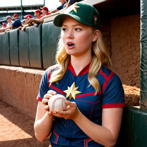 (Brea Larson, age 25, Captain Marvel, baseball cap, chewing tobacco) she is sitting in the baseball dug out spitting into a cup, crowded dugout, baseball game
