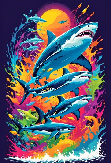 a t-shirt with vector art of a colorful illustration of sharks in the middle of the sea, at the center, swirly vibrant colors, p...