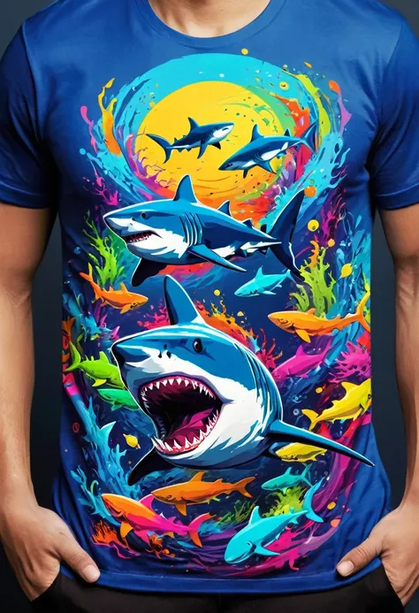 a t-shirt with vector art of a colorful illustration of sharks in the middle of the sea, at the center, swirly vibrant colors, p...