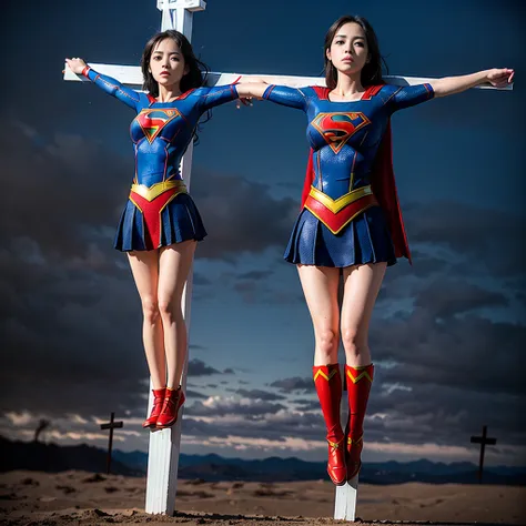 (((supergirl))), (((crucifixion pose,nailed to cross))), (full body shot:2), dynamic angle,  ((huge breasts)),  natural lighting...