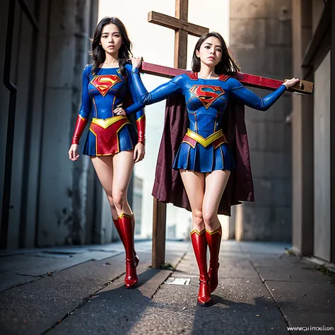 (((supergirl))), (((crucifixion pose,nailed to cross))), (full body shot:2), dynamic angle,  ((huge breasts)),  natural lighting...