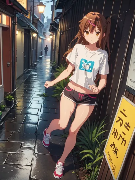 Girl, short tight shorts,t-shirt, Bare breasts, chest visible, street  background, Narrow passage between houses, night, rain, slim body, In full growth, Sneakers , small breast