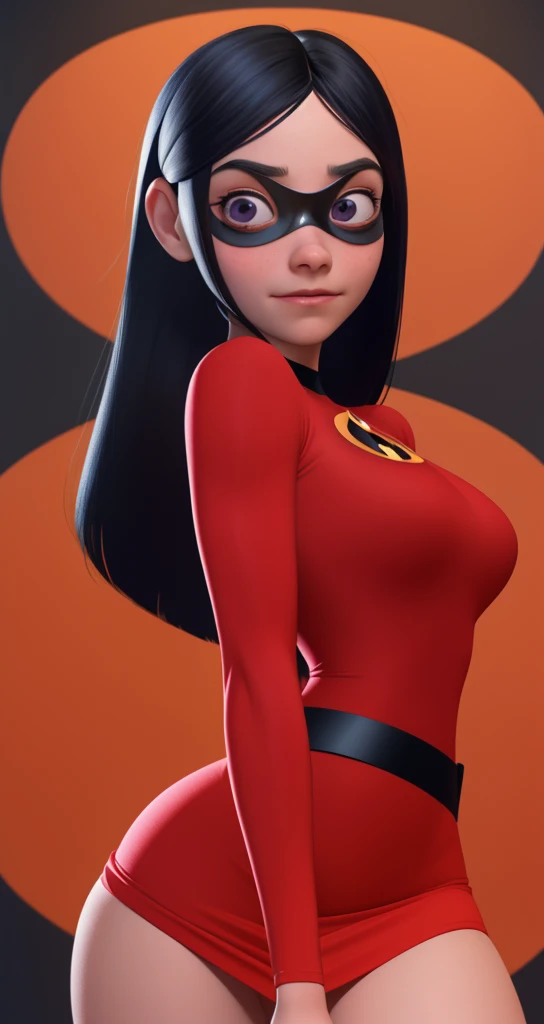 violet parr, 1girl, long hair, high quality 4k, beautiful, masterpiece, portrait, closeup, clothes from the incredibles, thight miniskirt, 4k, beautifull feet, sexy , medium breasts, underboob, curvy,