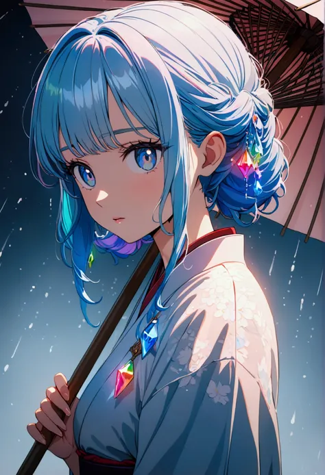 Anime style, ultra-detailed, 8K, blue-haired girl with a traditional Japanese umbrella, with rainbow-colored gem rain pouring down.