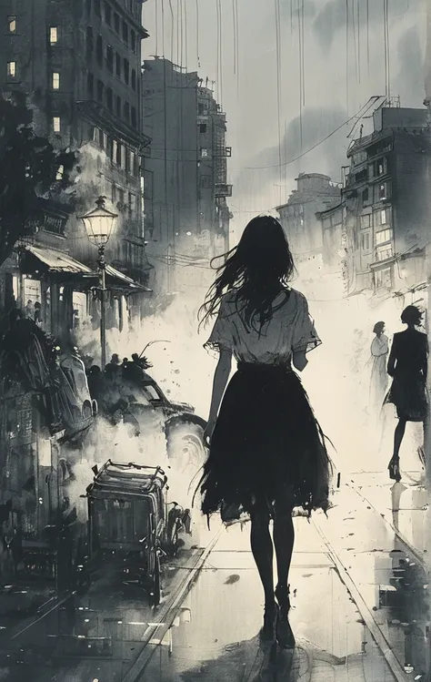 「I bow my head as if I were in despair.、Woman walking in a dark city。The desperate woman suddenly、Illuminated by the intense brightness of car headlights、The world is instantly illuminated in pure white light......。 」