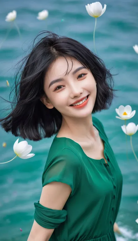 A beautiful and delicate portrait，A naughty and cute girl，Has short boyish hair, Black Hair, Emerald Green Ocean, Naughty smile, Dancing petals, (Top quality, masterpiece, Surreal) Flower petals floating in the background