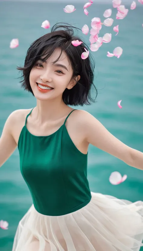 A beautiful and delicate portrait，A naughty and cute girl，Has short boyish hair, Black Hair, Emerald Green Ocean, Naughty smile, Dancing petals, (Top quality, masterpiece, Surreal) Flower petals floating in the background