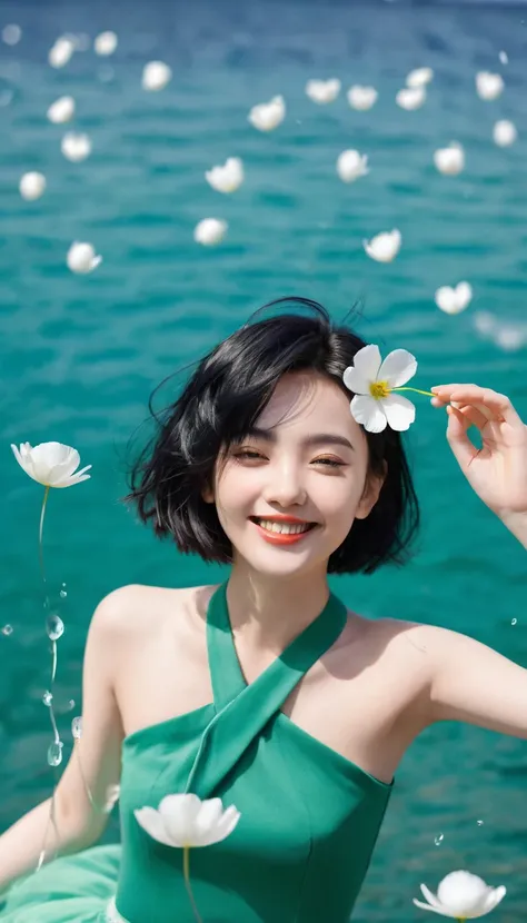 A beautiful and delicate portrait，A naughty and cute girl，Has short boyish hair, Black Hair, Emerald Green Ocean, Naughty smile, Dancing petals, (Top quality, masterpiece, Surreal) Flower petals floating in the background