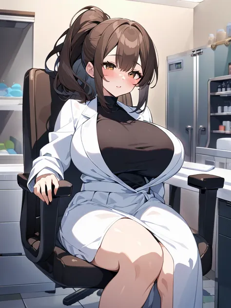 Highest quality、extremely detailed CG、One woman、27-year-old female、Huge breasts:1.3、sagging breast:1.3、White、white coat、white gown、Black inner shirt、Black inner shirtと白いコートを着てカメラに向かってポーズをとるアニメの女の子, breasts covered and SFW, chic,Whiteを着て, Cel-shaded adult a...