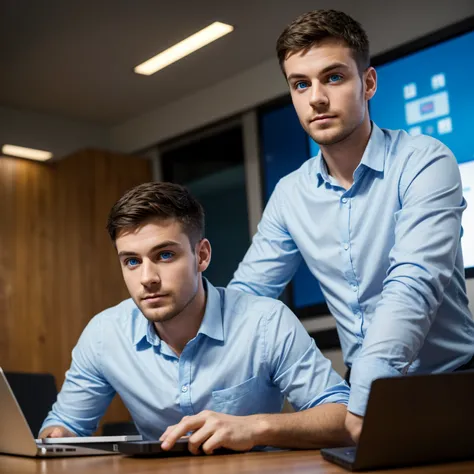 The programmer sits at the table, his face and look directed to the camera, short haircut, bright blue eyes, intelligent thoughtful face. on the table in front of the programmer is a laptop. The background is blurred. Highly detailed portrait