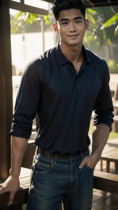 Natural light, realistic, Thai man, ทรงผมสั้น buzz cut, Handsome, muscular, big muscles, Broad shoulders, model,  Wearing a navy blue polo shirt and jeans, he stood and smiled. , outdoor outside