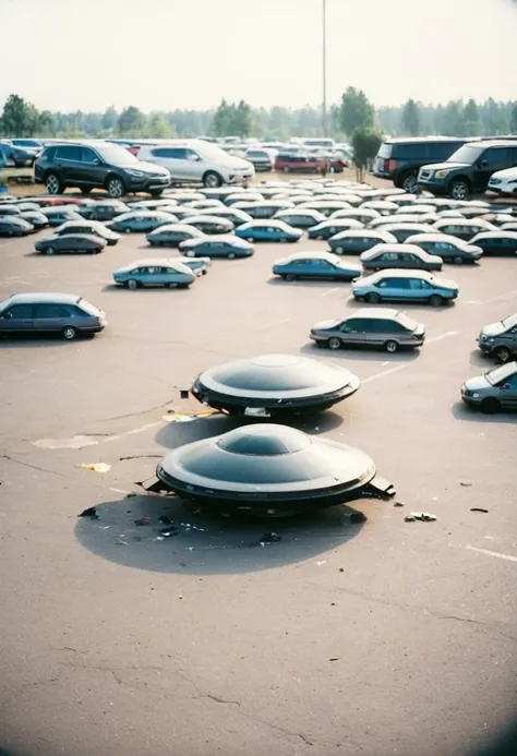 Black UFO crashed on the ground in the parking lot，Neatly arranged with many cars，Blurry Polaroid photo