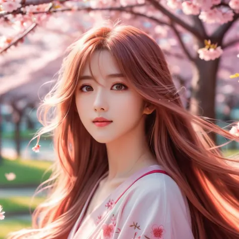 A stunning anime-style illustration，Depicts a long-haired beauty, Long flowing hair and charming eyes, In the vibrant, A park with cherry blossoms. Very detailed, 8k resolution, With soft, Soft colors and dreamy, Ethereal atmosphere. The lighting and shall...