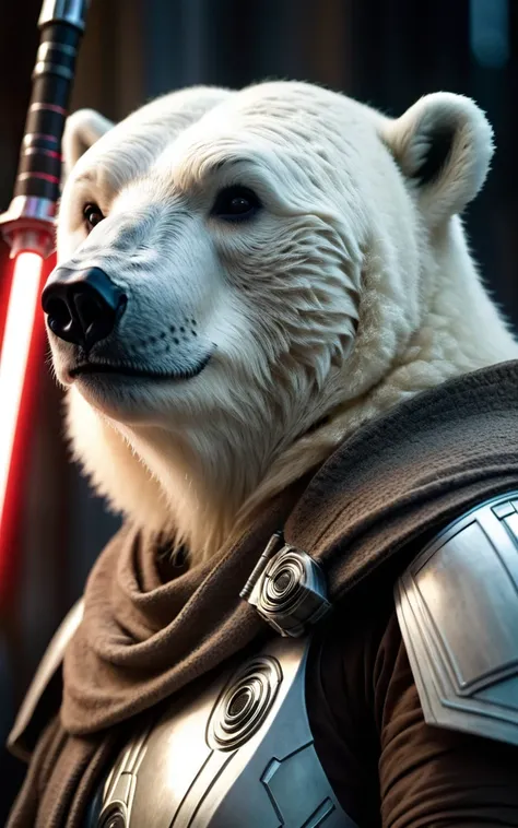 cinematic star wars, polar bear humanoid jedi knight, beautiful detailed eyes, beautiful detailed lips, extremely detailed face and features, long eyelashes, intricate armor, glowing lightsaber, dramatic lighting, epic fantasy, muted color palette, cinemat...