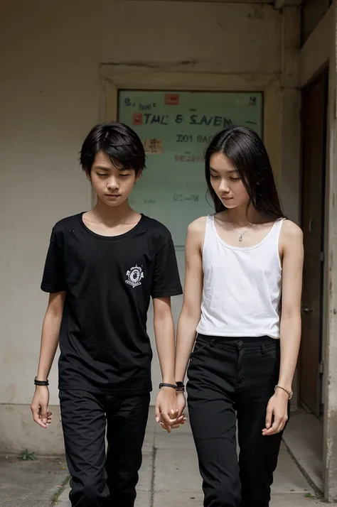 a couple of very thin heterosexual Thai teenage boyfriends, 12 year old lovers, a very thin 12 year old straight Thai teenage boy holding hands with a very thin 12 year old heterosexual Thai teenage girl, both of the same height, with very thin bodies and ...