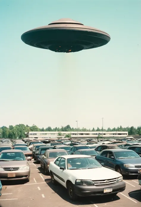 Black UFO crashed in parking lot，Neatly arranged with many cars，Blurry Polaroid photo