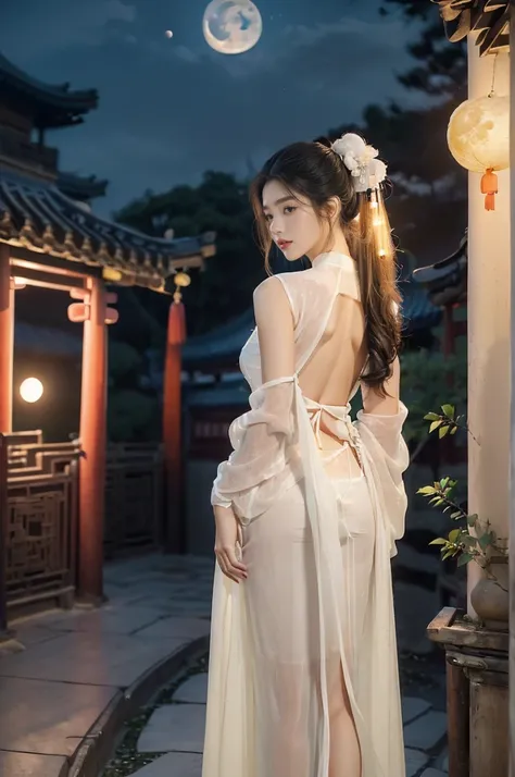 (((best quality))),(((ultra detailed))),(((masterpiece))),illustration,((1 beautiful girl,solo)),(short ponytail:1.2),((bright eyes,gentle smile)),((slim,thin)),((bare back,towering hips,butt crack)),(white see through sheer Hanfu:1.3),flowing fabric,seren...