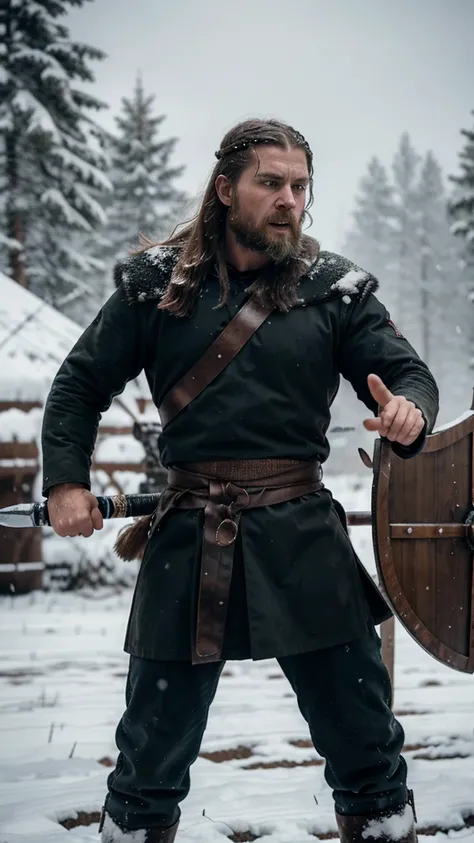 original Viking engaged in a fierce battle on a snowy battlefield,  sword and shields raised. hyper realistic picture 