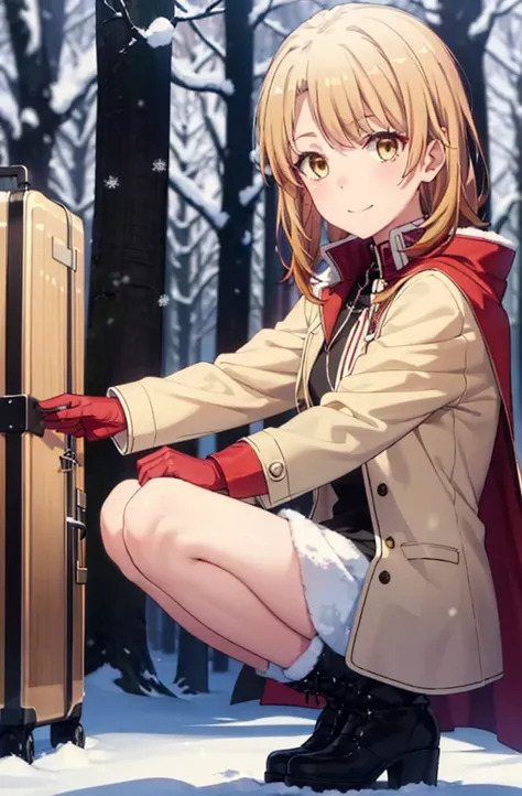 nefw:1.7,rohaisshiki, isshiki iroha,  Brown Hair, (Brown eyes:1.5), smile,snow, Long Hair, food, fire, Outdoor, Brown Hair, boots, snowing, From the side, wood, suitcase, Cape, Blurred, food up, forest, gloves, nature, Brown eyes, red gloves, Squat, Mouth ...