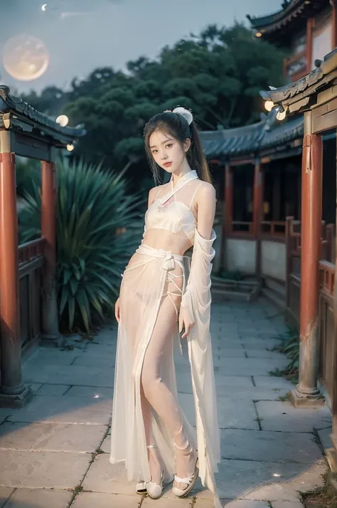 (((best quality))),(((ultra detailed))),(((masterpiece))),illustration,((1 beautiful girl,solo)),(short ponytail:1.2),((bright eyes,gentle smile)),((slim,thin)),((small breasts,flat chest)),(white see through sheer strap Hanfu:1.3),(slender legs:1.2),flowi...