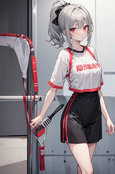 Short gray hair，Wearing a ponytail，Two strands of hair curtain，A spoon hanging on the chest，Girl with nice figure，cute，Wearing black lining，Red sportswear，Badminton racket in hand，A girl who is not very tall，In the gymnasium，Red eyes