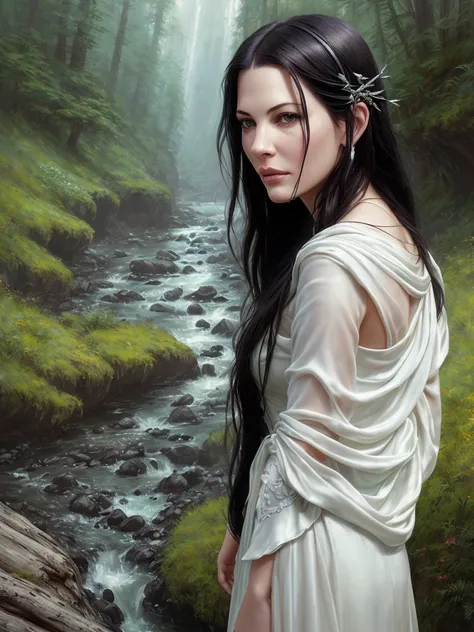 High definition RAW color art, animation, White skin, (((Liv Tyler（Arwen）))), Crossing the River, Sequoia Forest, Portraiture, Fairy, ((Manga style)), ((Lord of the Ring)), Silver Tiara, (Graceful and beautiful face), (Purple silk elven dress), ((Long blac...